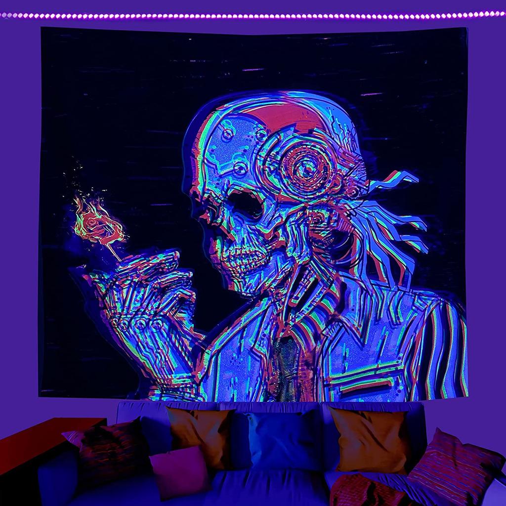 Psychedelic Black Light Skull Head Flourescent Tapestry UV Reactive Tapestries Wall Hanging Hippie Trippy  Home Decor