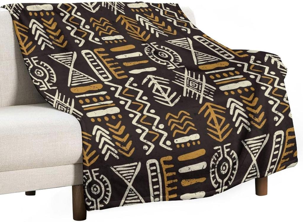 Black White Abstract Geometric Vintage Textured Boho Pattern Print Super Soft Flannel Throw Blanket for Bed Sofa