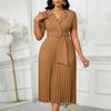 Sexy short-sleeved V-neck fashion temperament elegant pleated large size solid color dress