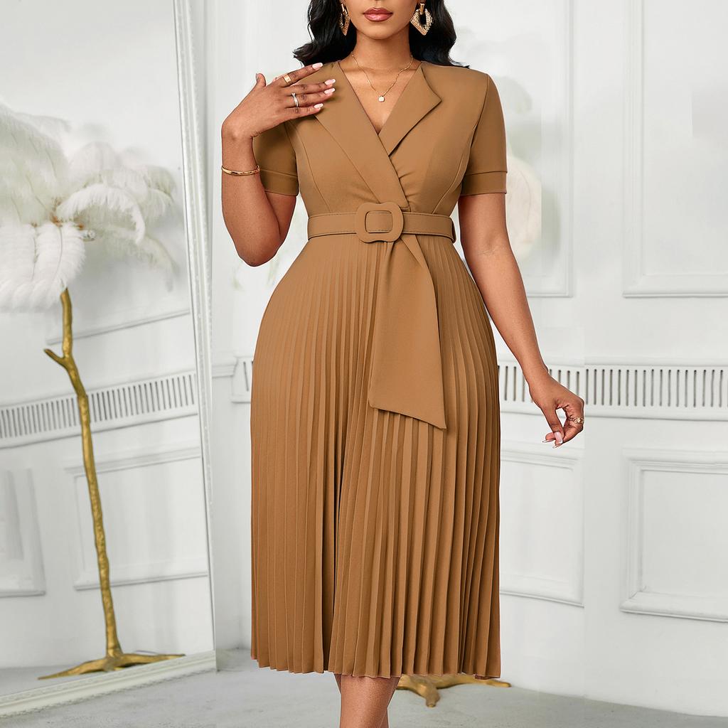 Sexy short-sleeved V-neck fashion temperament elegant pleated large size solid color dress