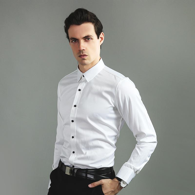 Men's Korean Style Slim Fit Solid Color Iron-Free Stretch Breathable Business Casual Long Sleeve White Shirt.