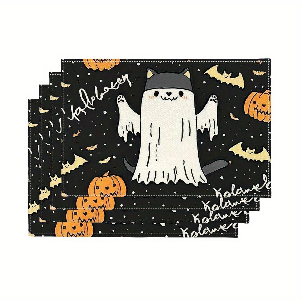4pcs Spooky Japanese Anime-Inspired Cat Totoro-like Placemats Set Cute Kawaii Kitchen Table Decor with Bats, Pumpkins