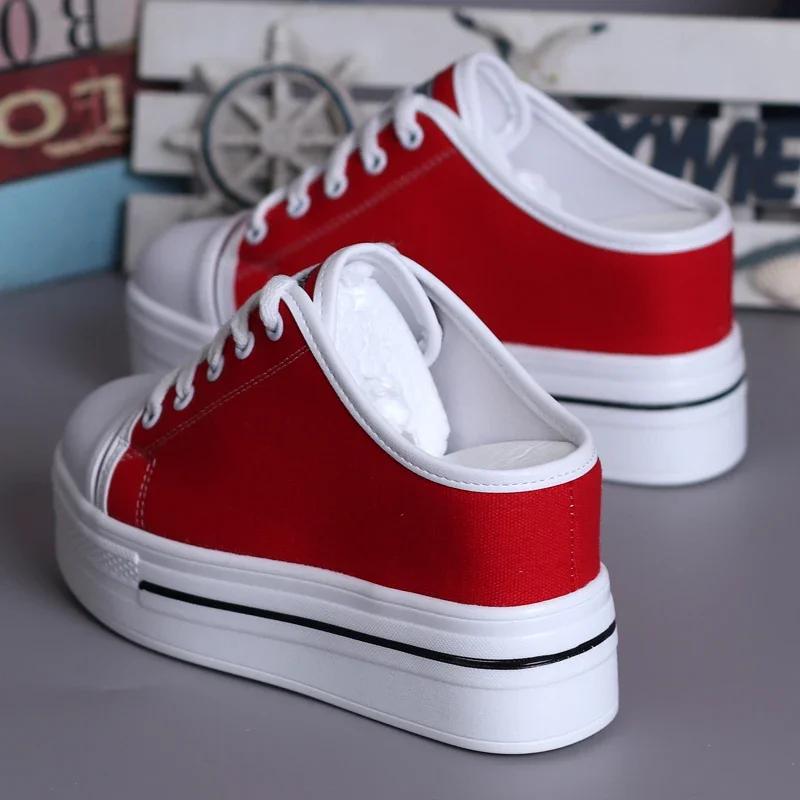 Fashion Spring Summer Women Slipper Pumps Canvas Shoes Internal-increase 8cm High Heels Solid Casual Student Outside Female Slippers