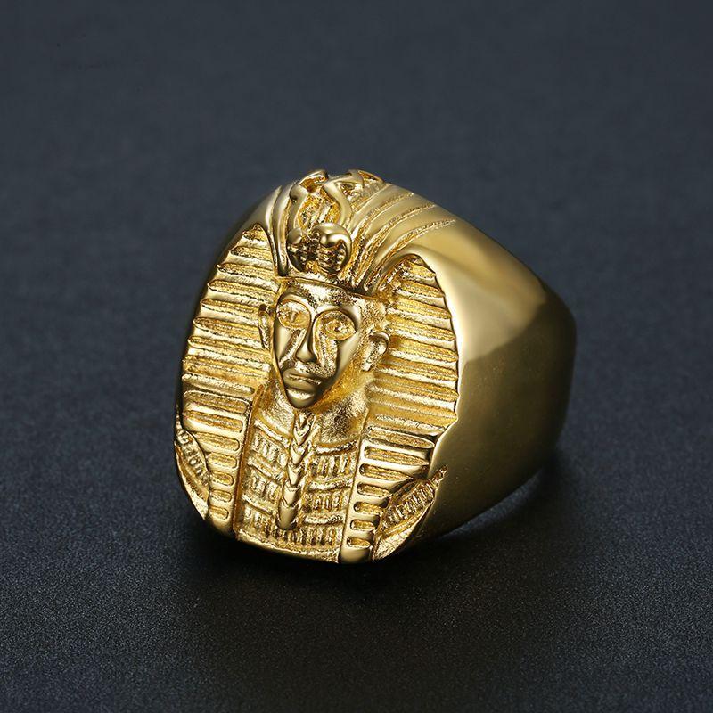 Hip Hop 316L Stainless Steel Gold Color Big Egyptian Pharaoh Rings for Men Rock Mens Signet Finger Jewelry Gift US 8 -13 Size