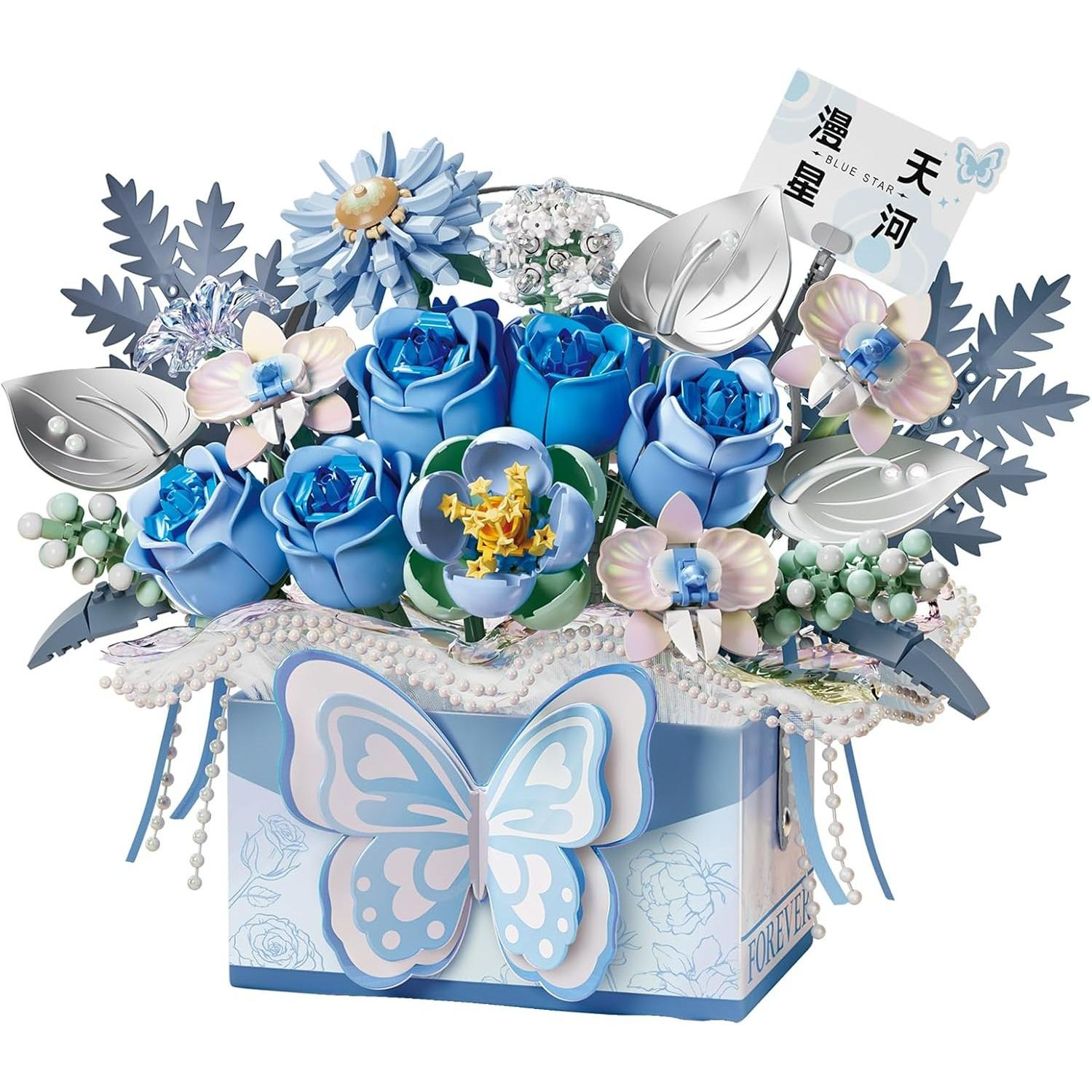 Flower Bouquet Building Blocks Model Set,Simulation Artificial Rose Bonsai Plant Building Bricks Toys,Handheld Gift Box Home Decor синий
