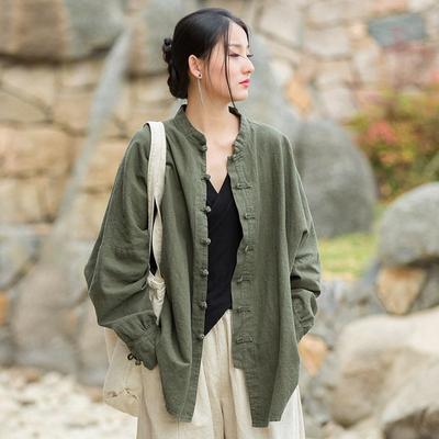 Vintage Shirt Women Chinese Style Frog Solid Simple Leisure Loose Comfortable Single Breasted O-neck Minimalist Autumn Wear