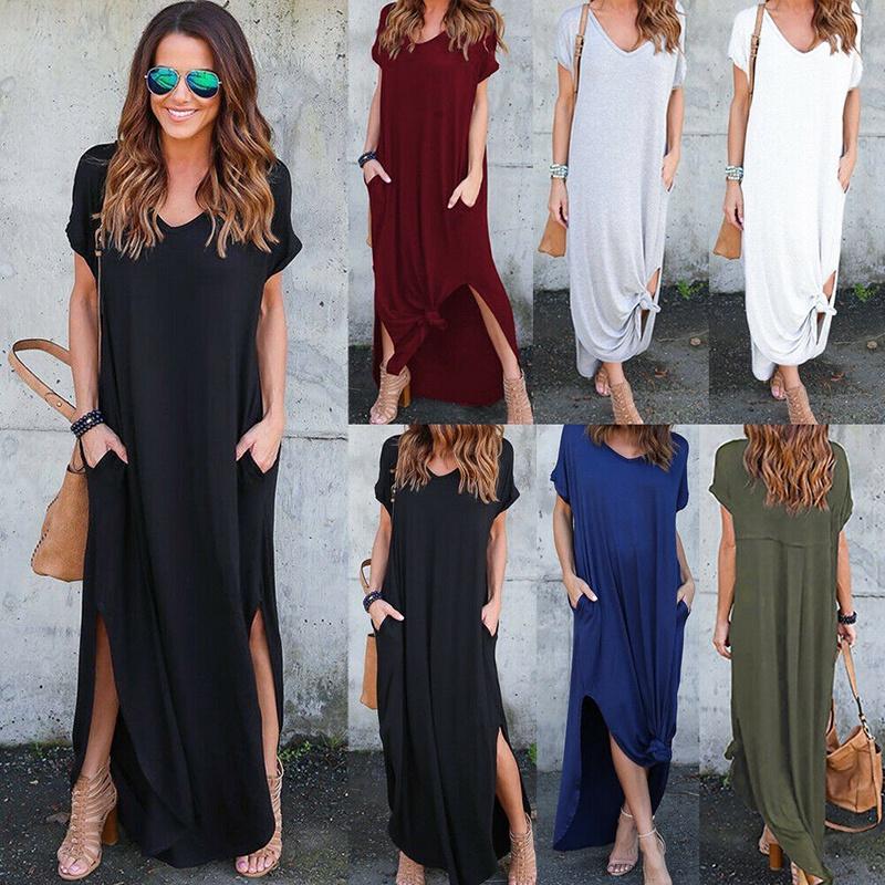 Polyester Vneck Pocket Split Long Dress For Casual Summer Wear
