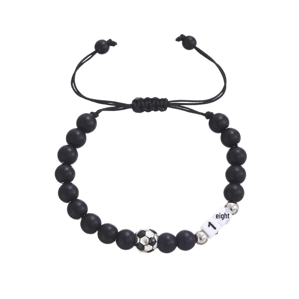 Men's Adjustable Black Matte Stone Beaded Bracelet - Football Number Birthday Gift