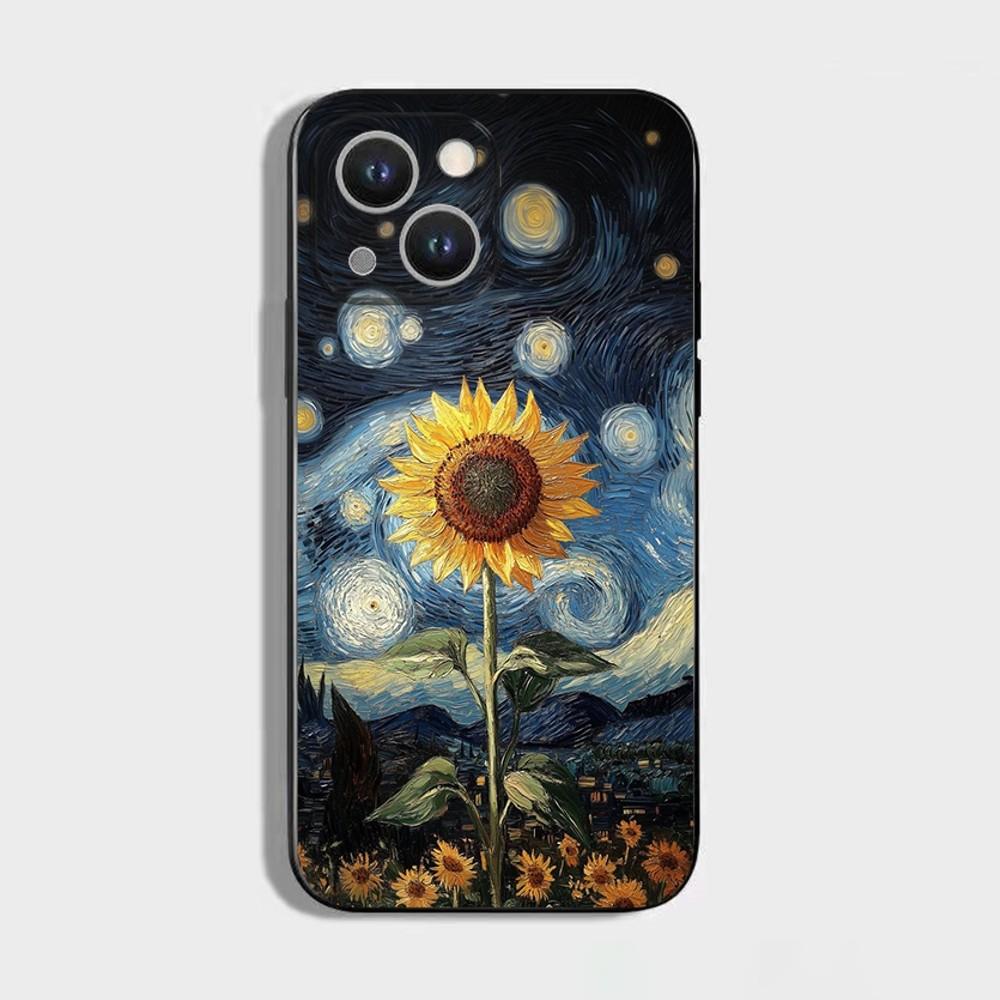 V-Van Gogh Starry Sunflower Phone Case For iPhone 16,15,14,13,12,11 Plus,Pro Max,XS,X,XR,SE,Mini,8,7,Soft Silicone Black Cover iPhone13