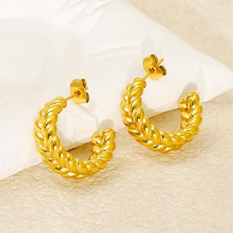 French-style Stainless Steel 18K Gold Plated Twisted Hoop Earrings American Retro Niche Design for Women