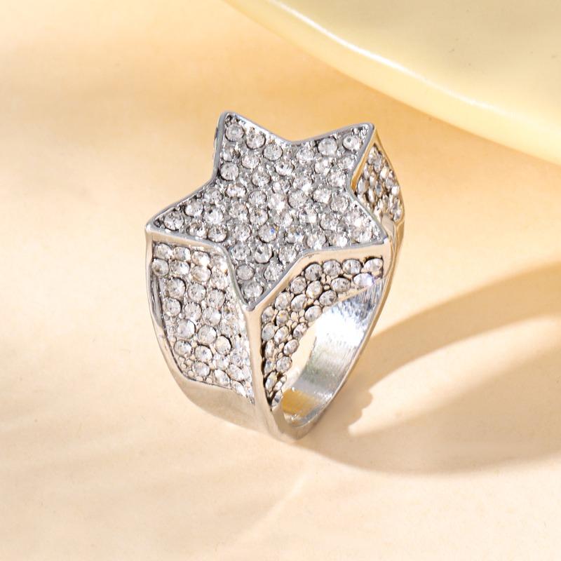 Huajie Five Pointed Star Shaped Full Paved Sparkling Zircon Rings for Unisex's Rock Punk  Accessories Trend