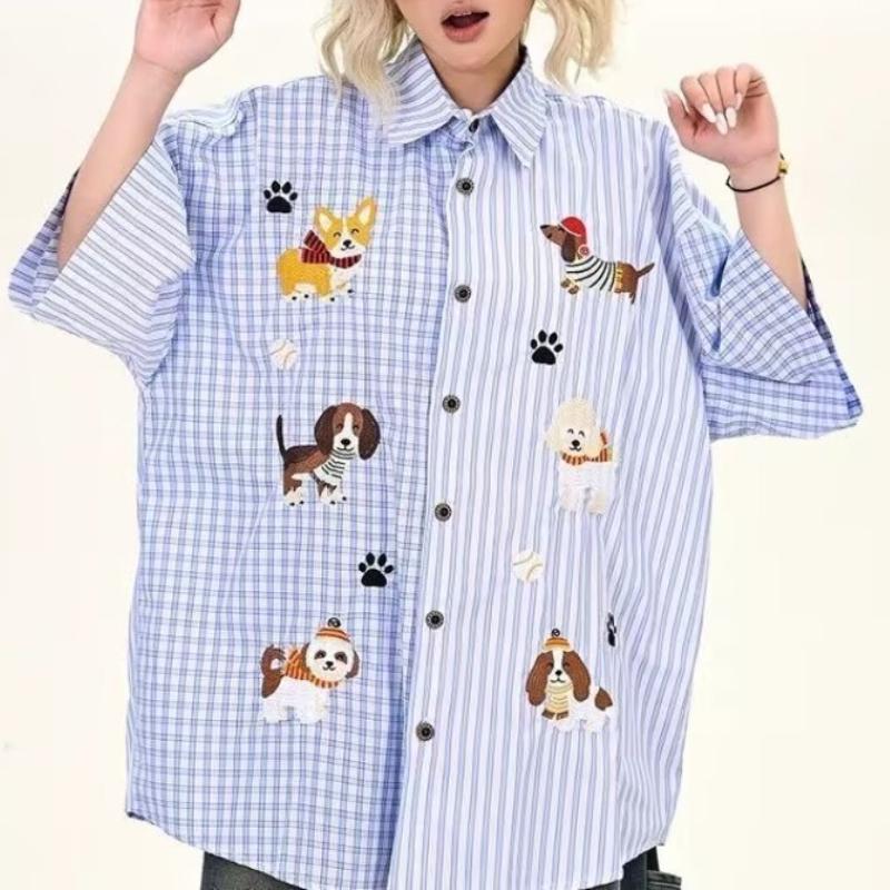 Dog Embroidered Striped Women's Shirt Contrasting Short Sleeve Lapel Top Single Breasted Loose Versatile Summer Clothing