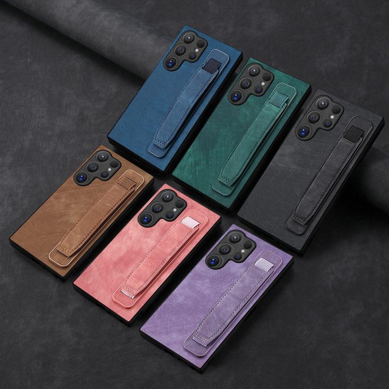 Wristband Holder Leather Phone Case For Samsung S24 S23 S22 Ultra A34 iPhone 16 15 Pro Max 14 13 12 11 Xiaomi 13T Redmi Note 12 Shockproof Slim Cover