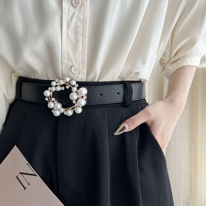 Trendy Pearl Buckle Womens Belt Elegant Casual Soft Pu Leather For Outfit Every