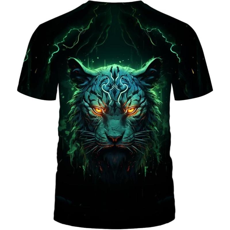 Men's Summer 3D T-shirt Fashionable Casual Loose Pattern Animal Tiger Print Round Neck Short Sleeved T-shirt Top