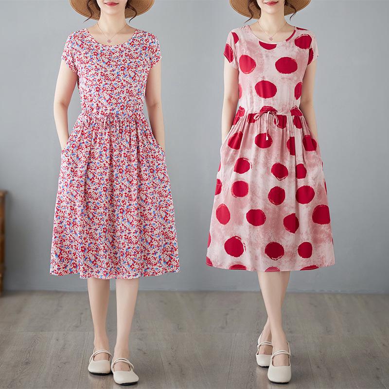 2025 Summer Floral Cotton-Silk A-Line Dress: Women's Short Sleeve, Loose Waist, Slimming Tie Mid-Length