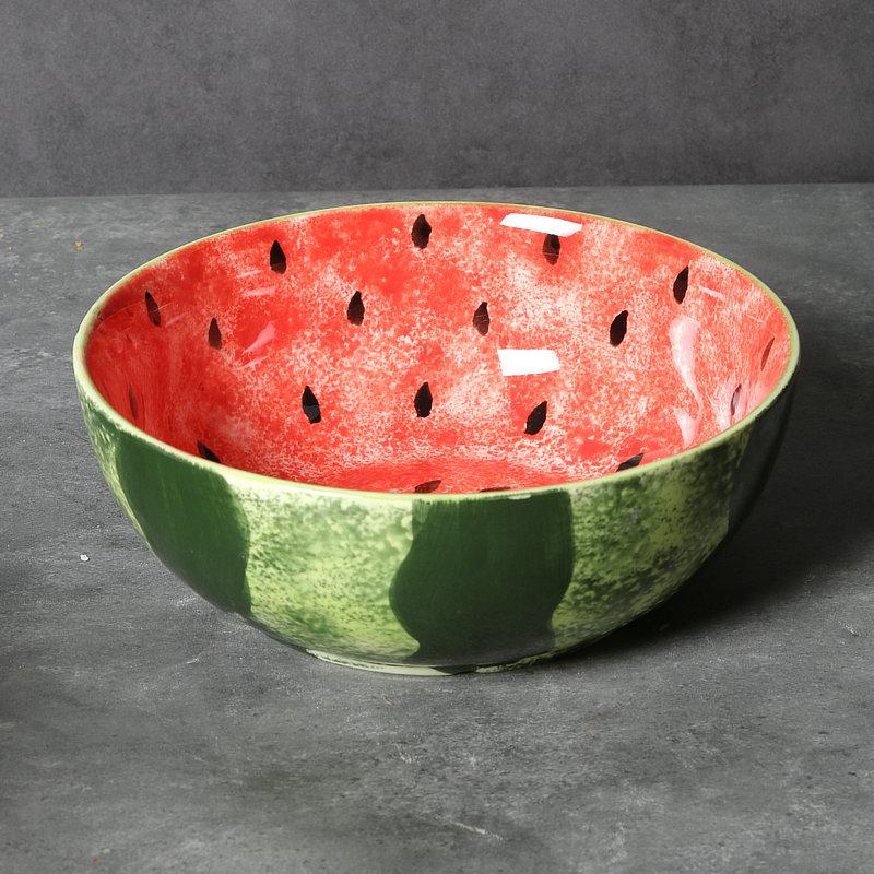 Hand-Painted Watermelon Design Ceramic Noodle Bowl with Underglaze Color and Snail Motif
