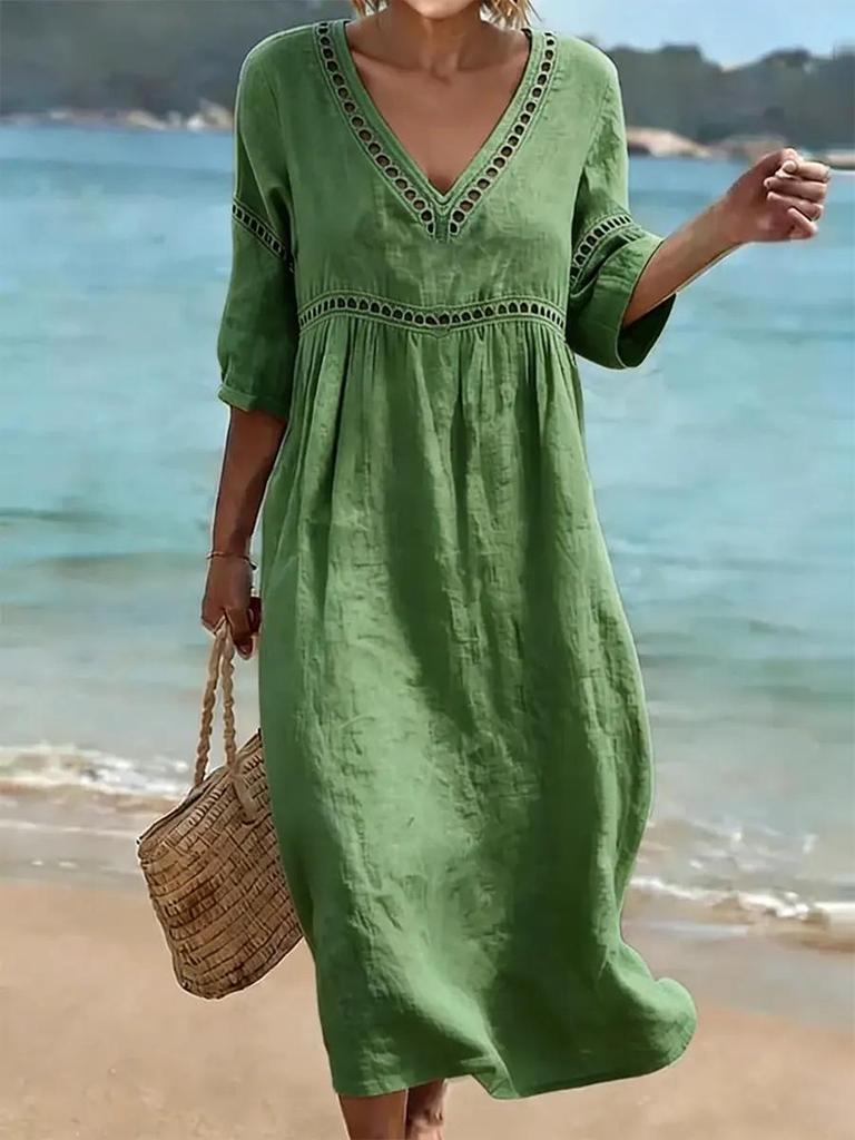 2026 Abito Elegante Casual da Donna a Scollo a V Monocolore Primavera/Estate