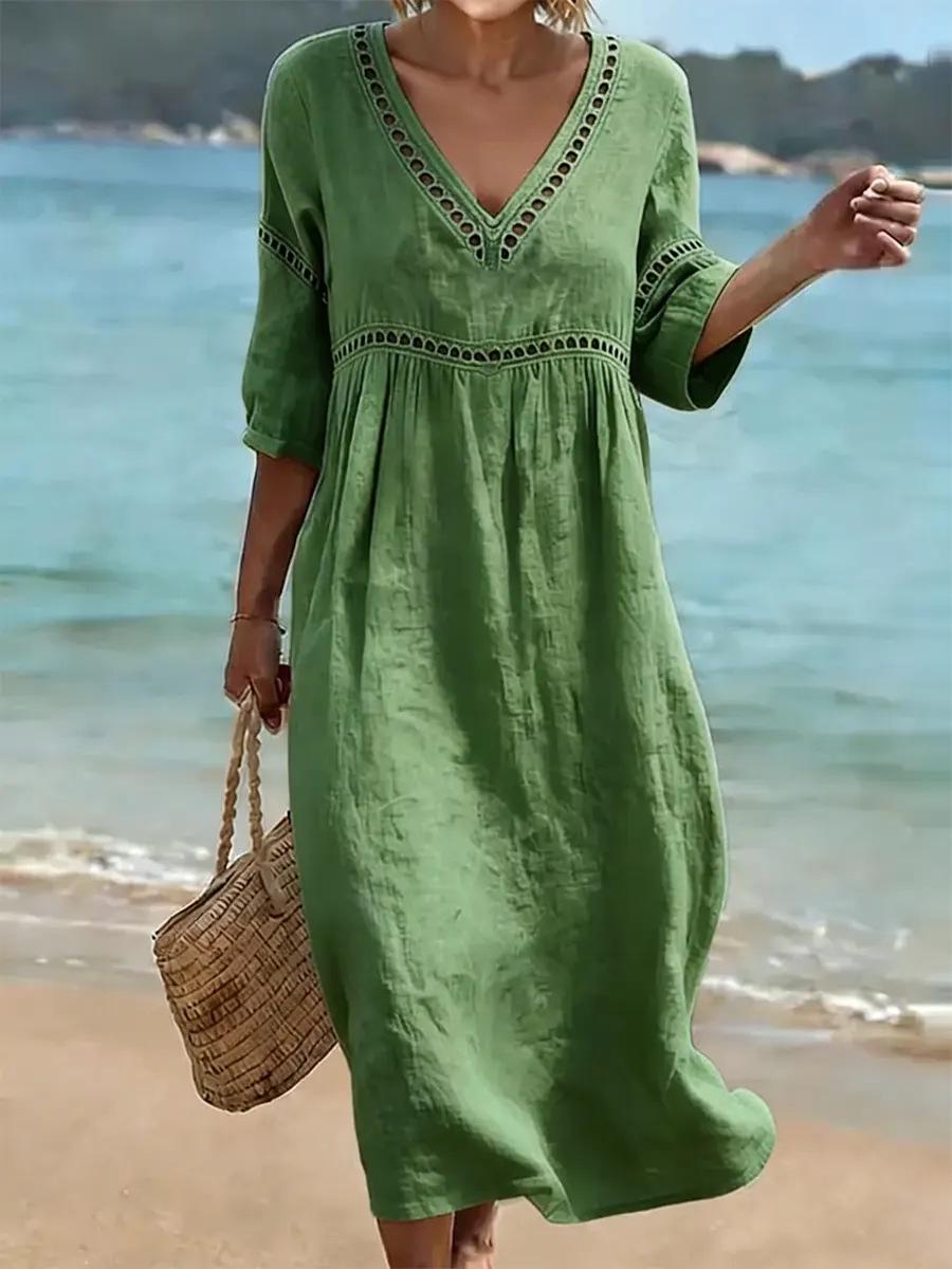 2026 Elegant Casual V-neck Solid Color Women s Spring/Summer Dress XXX-Large зелёный