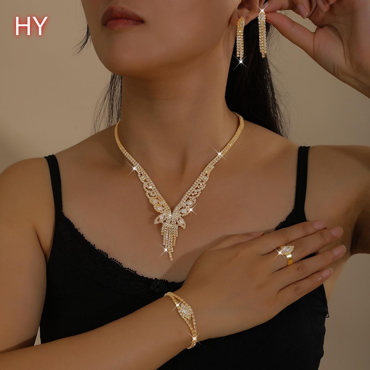 HY Wedding Accessories Double Layer Sunflower Diamond Necklace Earrings Set Fashion Bracelets Ring Earrings Jewelry Set золотой