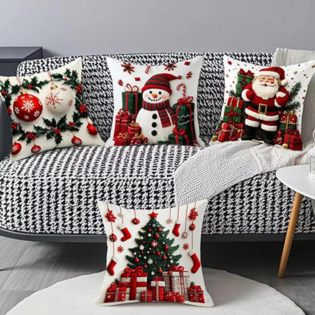 4 Pieces 18x18 Inch Winter Christmas Pillowcase Decor Linen Plush Cartoon Snowman Printed Pillow Cover Christmas Decoration