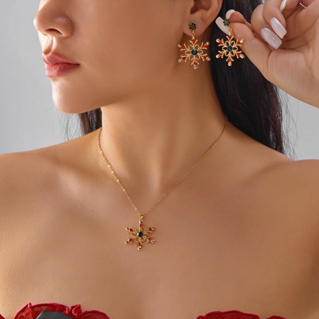 Christmas Colorful Rhinestone Imitation Pearl Snowflake Necklace Earring Set For Women Men Xmas Jewelry Set Holiday Party Gift