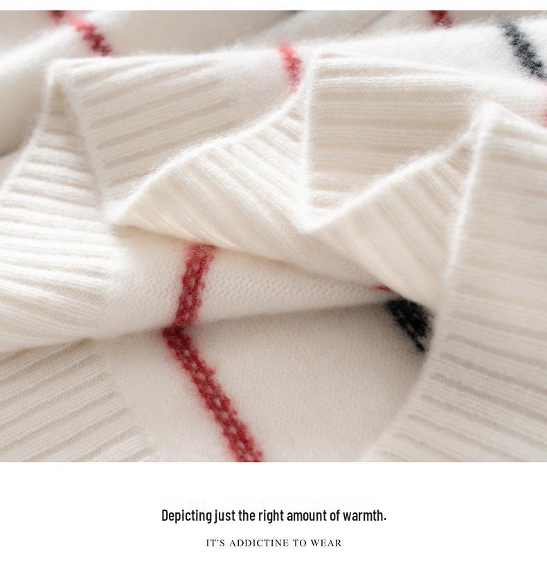 Autumn 2025 Women's Striped Cashmere Sweater - Half-High Neck, Loose Fit, Slimming Base Layer.