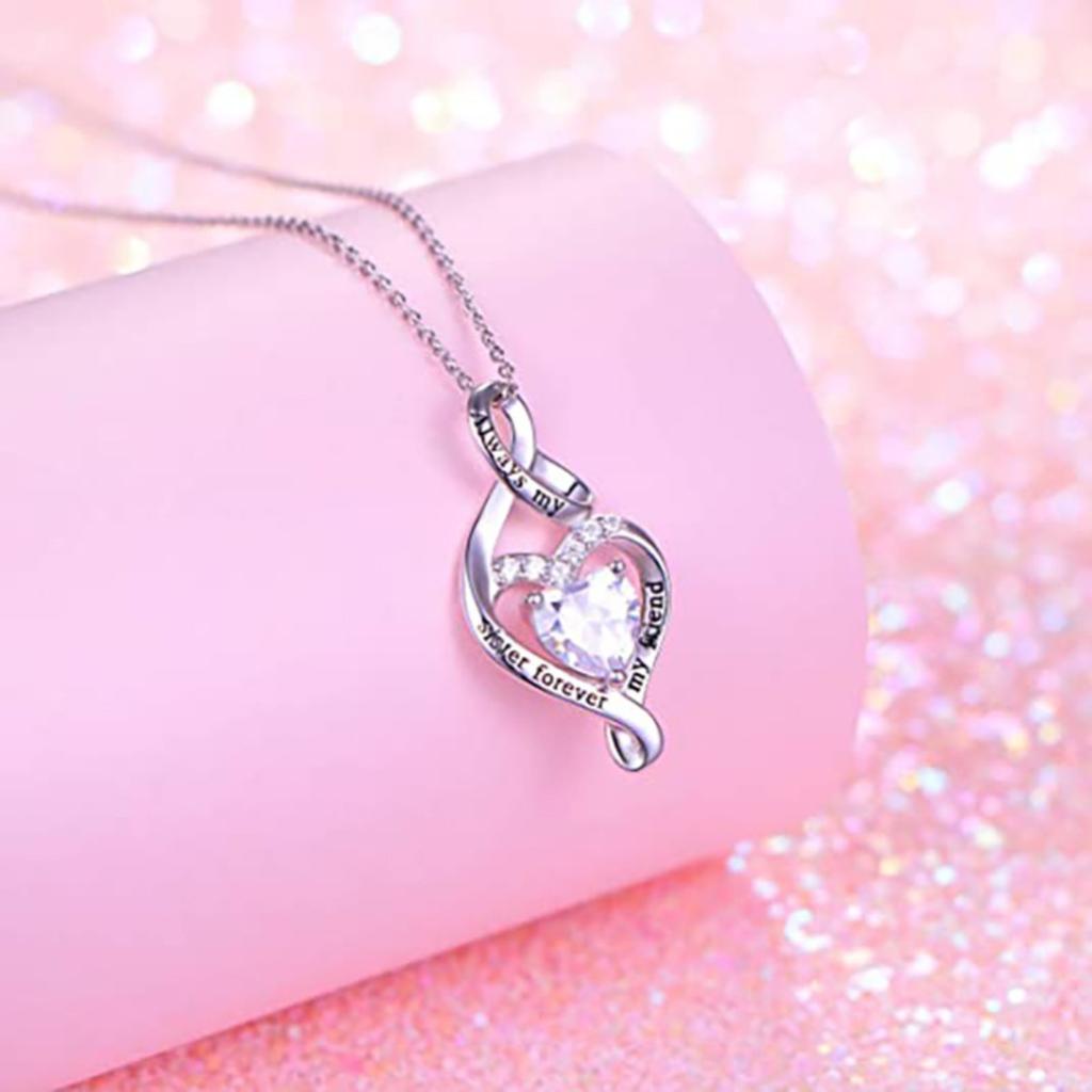 Twisted Infinity Heart Engraved Slogan Heart Cut Zircon Sister Gift Clavicle Necklace