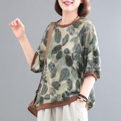 Summer Women Literary Retro Mid-sleeved Threaded Round Neck Printed T-shirt