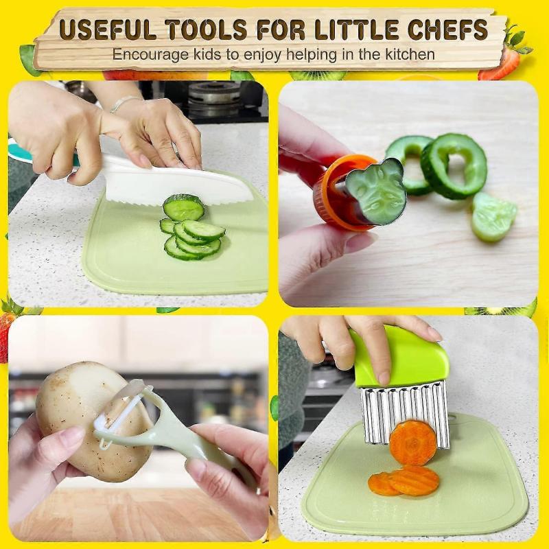 9 Pcs Kids Kitchen Knife Set, Kids Knives For Real Cooking With Cutting Board, Y Peeler, Crinkle Cutter, Sandwich Cutter, Serrated Edges Plastic Toddl