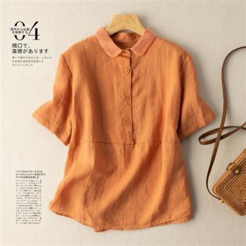 Solid Color Short-Sleeve Pullover Linen Shirt for Women, Vintage Hong Kong Style Cotton-Linen Blouse, 2026 Spring/Summer New Arrival