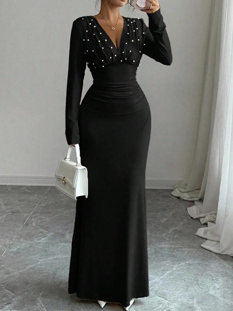Elegant Plus Size Pearl-Decorated Waist-Cinching Evening Dress for Women