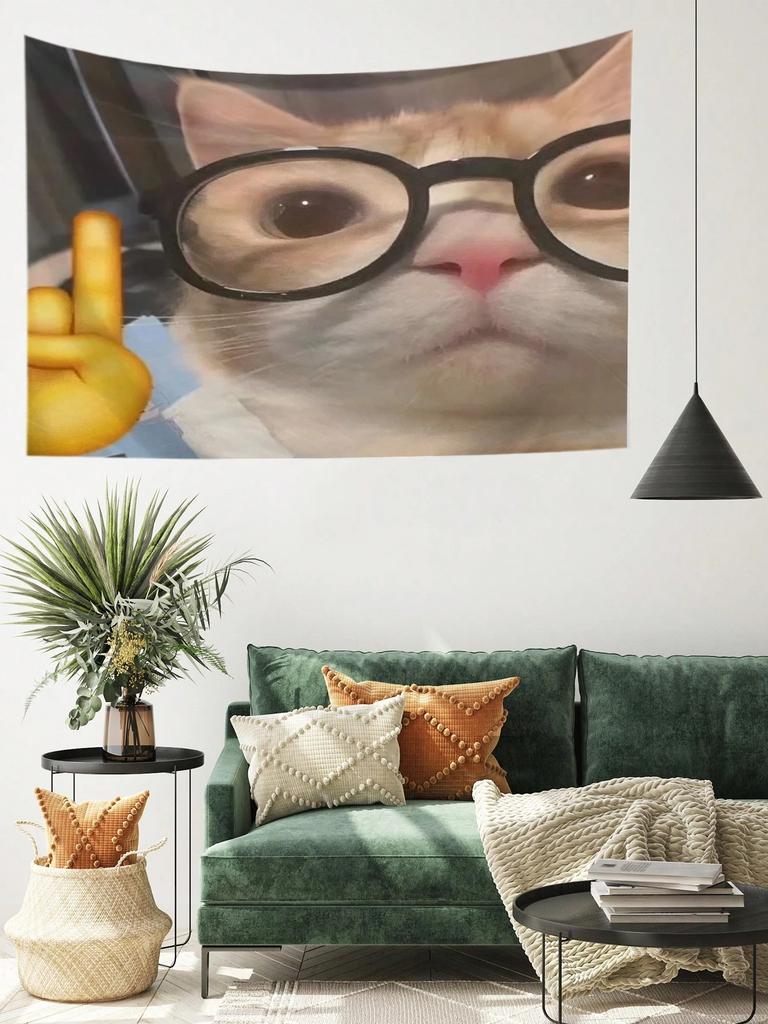 1pc Meme Cat Glasses Middle Finger Tapestry Polyester 2D Flat Wall Art for Bedroom Living Room All Season Home Decor Gift