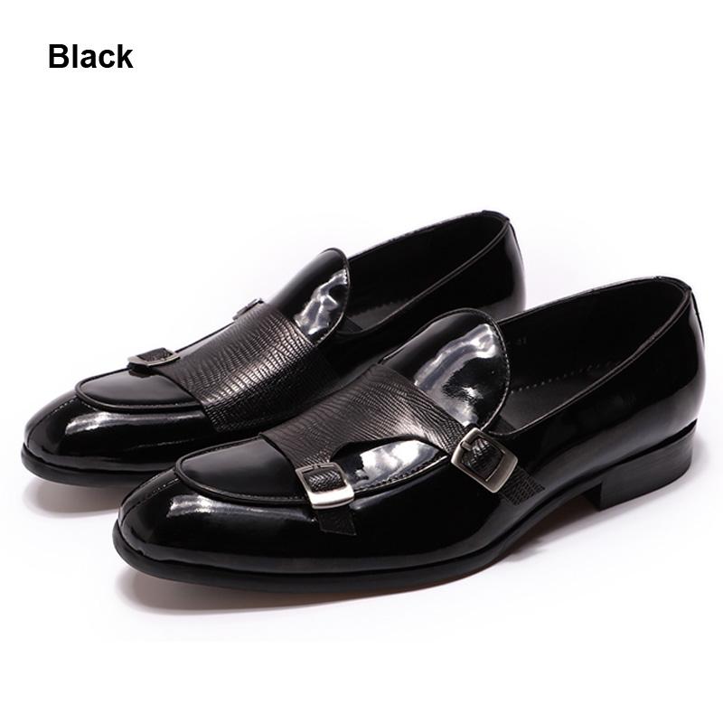Fashion FELIX CHU Men's Patent Leather Loafers Black/Green Monk Strap Slip-On Shoes for Wedding Party Dress Casual Fashion