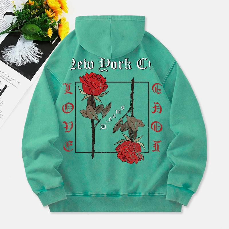 Rose Washed Hoodie Womens Vintage Letter Print Cotton Streetwears Distressed Oversized Pocket Womans Clothes