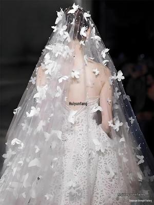 Mori-kei Mermaid Wedding Dress with 3D Butterfly Veil, Heavy Embroidery, Pearls & Long Train