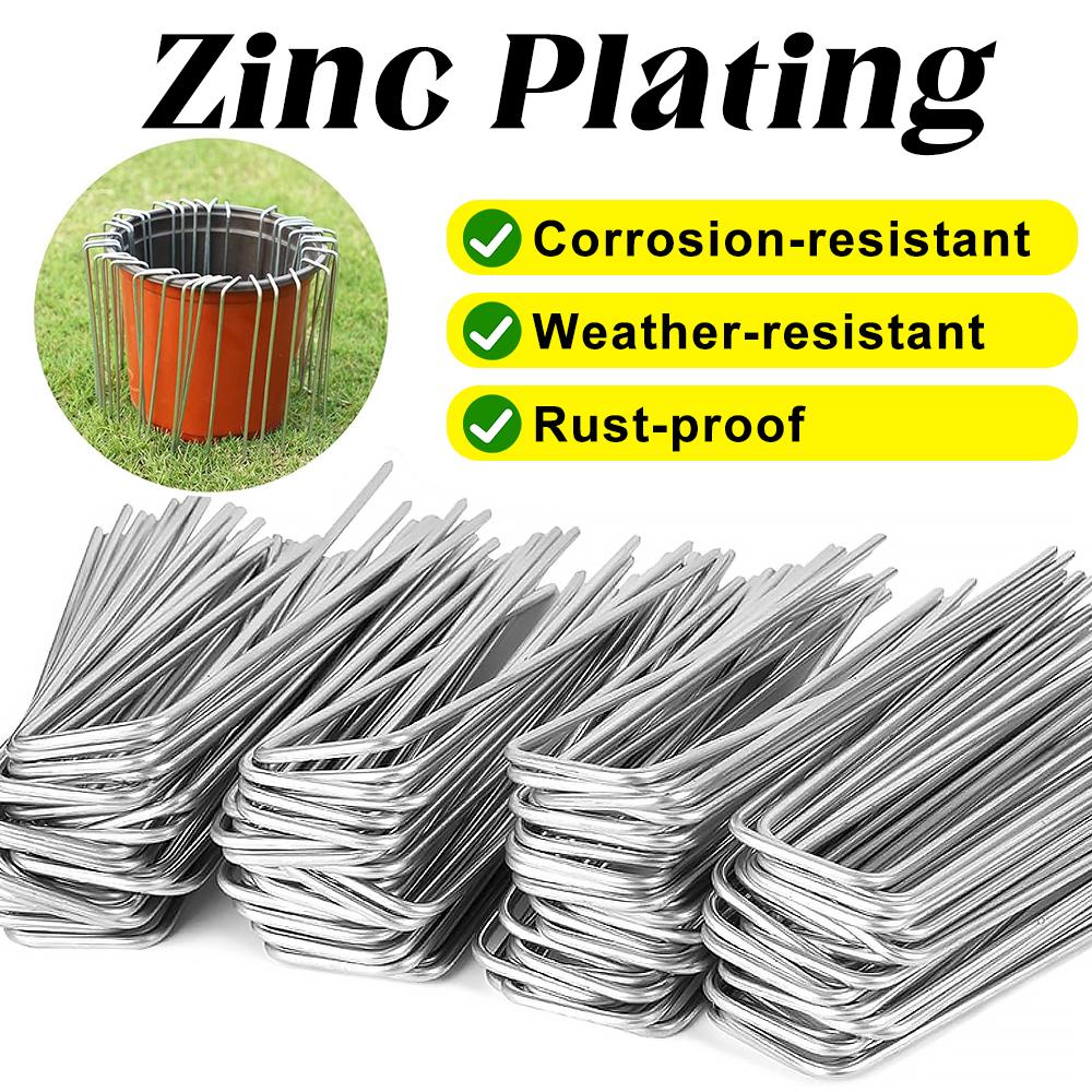 50Pcs U-type Garden Staples Heavy-duty Fence Stake Sod Pins Galvanized Landscape Stakes Spike for Holding Weed Barrier Ground Cover