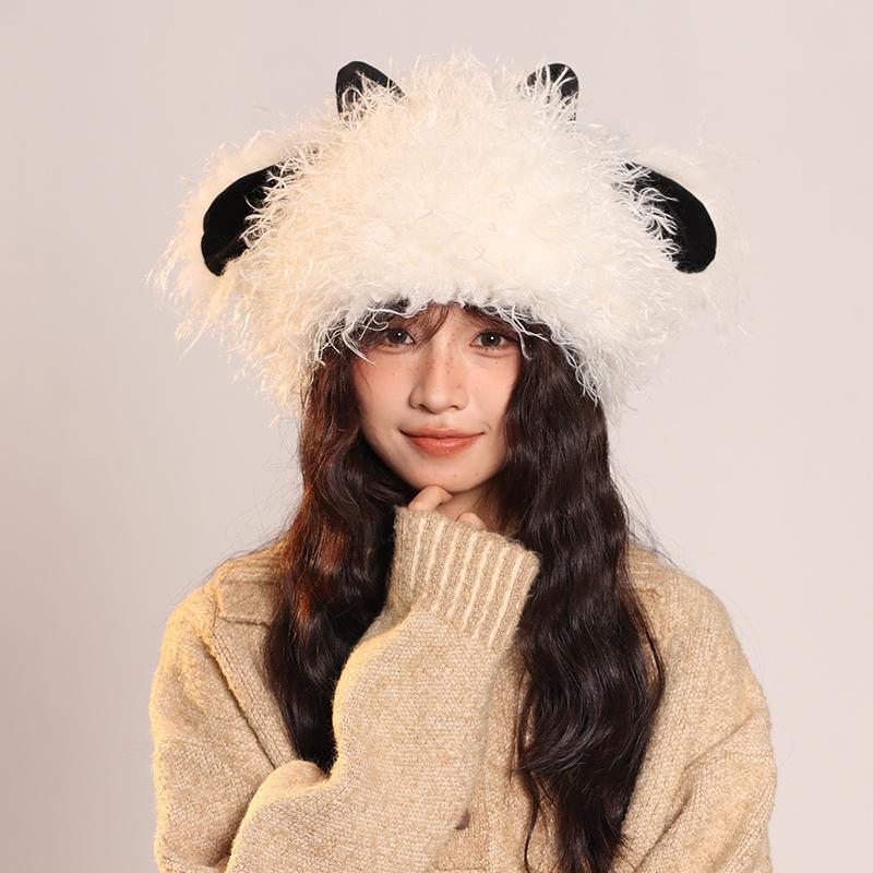 Cute Funny Little Lamb Plush Hat for Women In Autumn and Winter Warm and Cold Knitted Hat Showing Face with Little Sweet Fisherman Pullover Hat