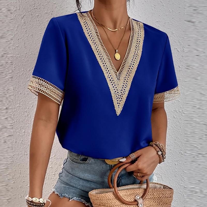 Fashion Women Summer Solid Color T-Shirts Hollow Out Design Lace V-Neck Short Sleeve Casual Loose Pullovers Tops Tees