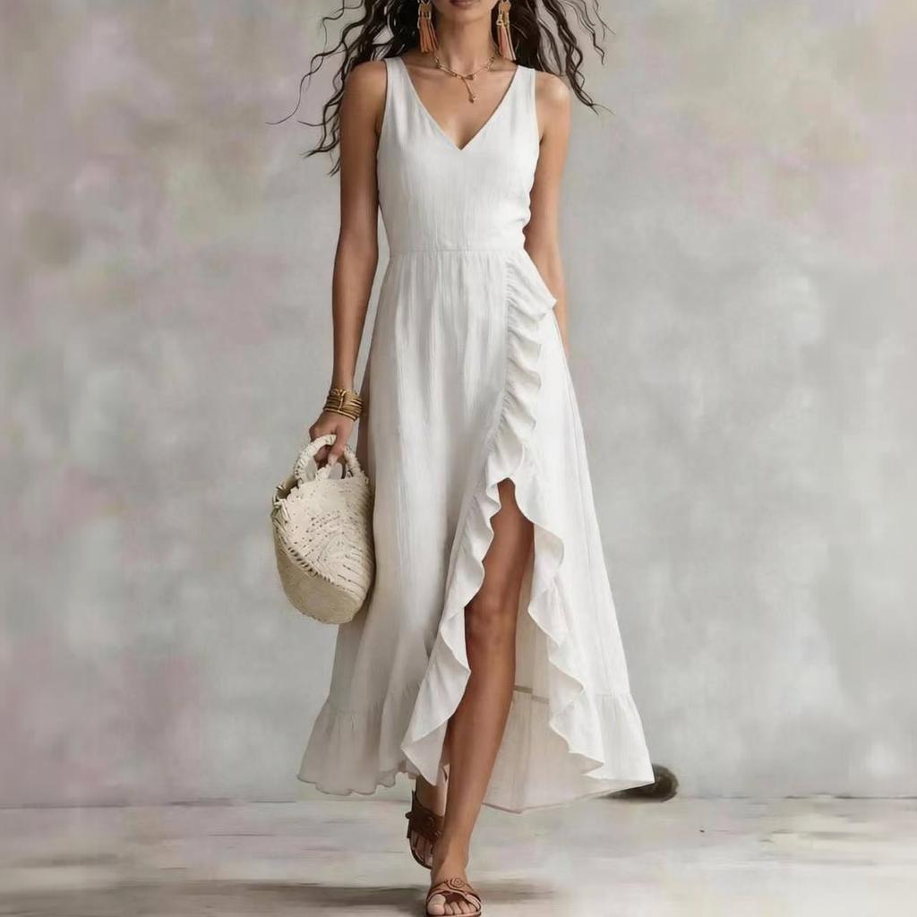 V Neck Sleeveless Ruffle Split Maxi Dress for Women Elegant Sundresses for Women Vacation Outfits for Women Casual Dresses for Women