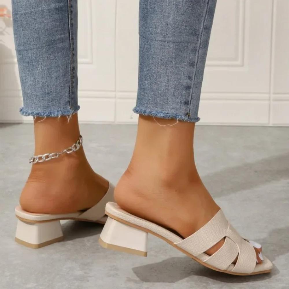 Women's Chunky Heeled Sandals Fashion Square Open Toe Slip On Heels Elegant Wedding White Sandals