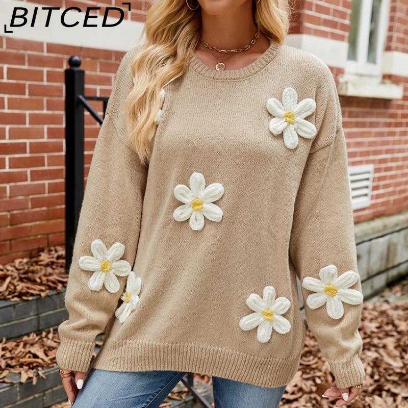 

BITCED Casual Long-Sleeve Knit Sweater Loose-Fit, Relaxed-Style Women s O-Neck Floral 3D Crochet Sweater XL розовый