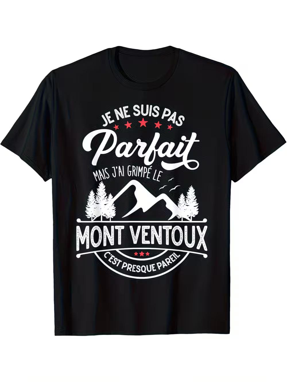 Climbing Mount Ventoux French Cycling Graphic T-Shirt - Black with Mountain & French Text Design L