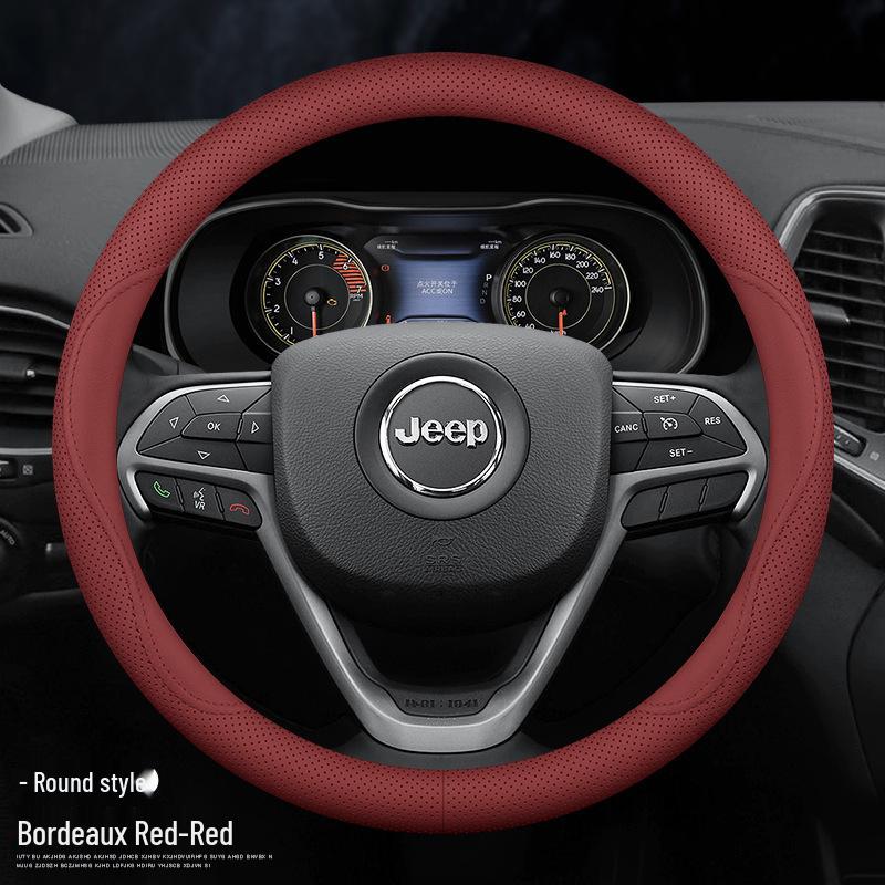 Universal Genuine Leather Steering Wheel Cover for Jeep Cherokee, Wrangler, Compass, Renegade - All-Season Use