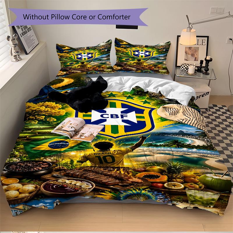 3pcs Brazilian Football Celebration Bedding Set, Includes One Quilt Cover and Two Pillowcases, Bedroom and Guest Room Decoration. T72301147