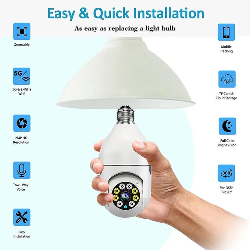 200W 2MP 1080P Panoramic Surveillance 2.4&5Ghz Wfi E27 Bulb Camera Automatic Body Tracking 4x Digital Zoom Video Security Monitor