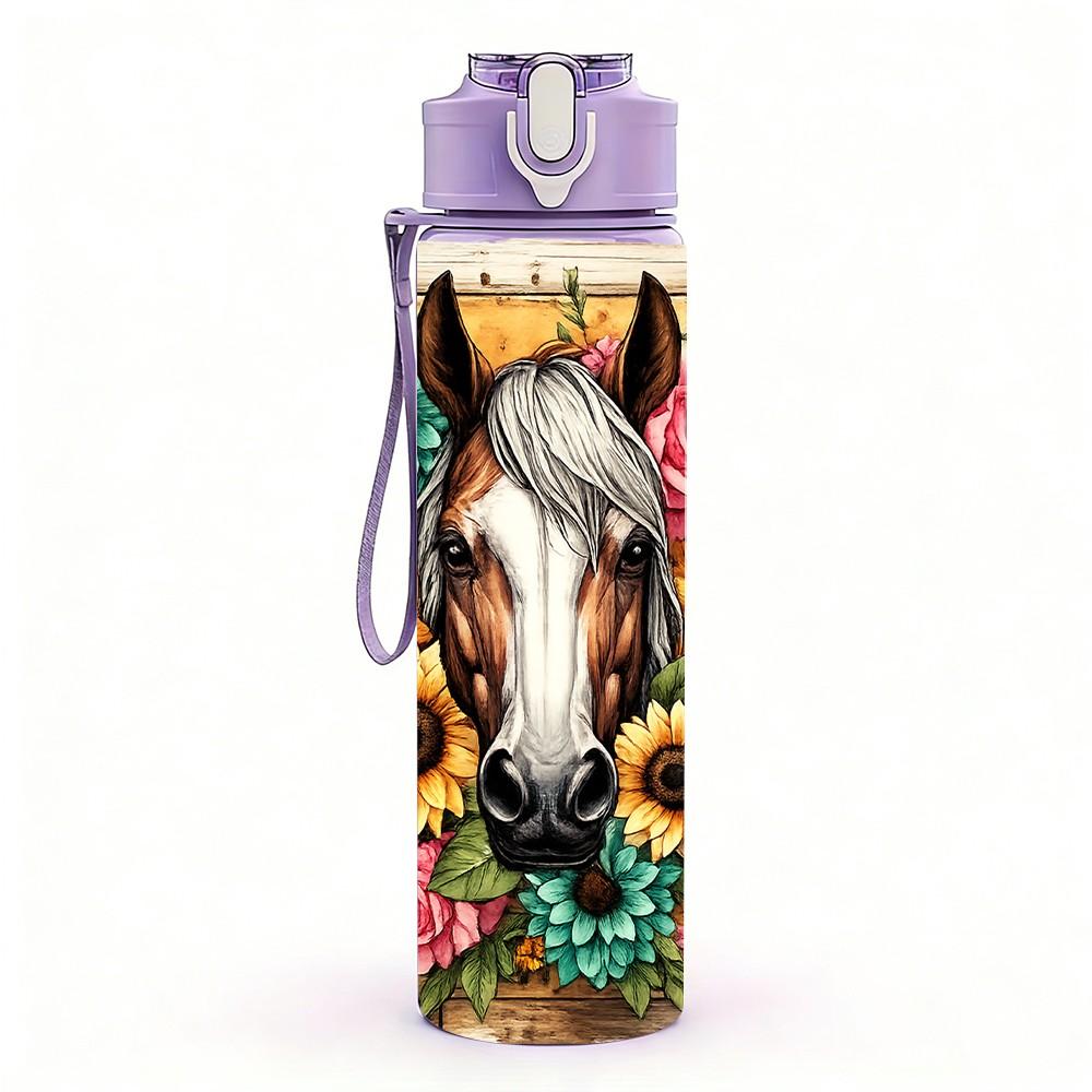 1 Stück Sonnenblumenpferd Westlicher Country-Druck 750ml Farbe Kunststoff Sport-Wasserflasche Auslaufsicher Klappdeckel mit Strohhalm Geeignet für Sport Büro Hausgebrauch