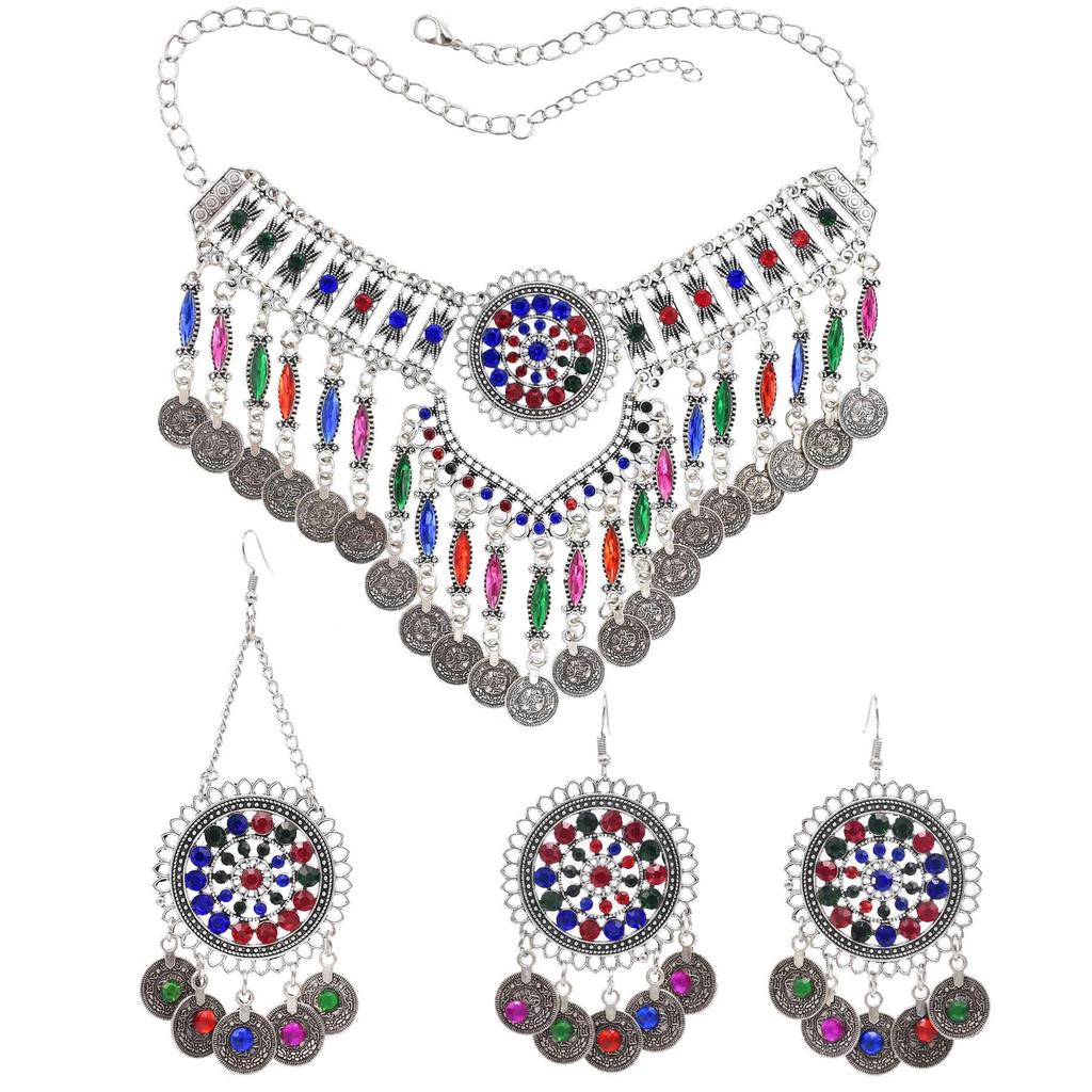 3pcs Indian Afghan Zircon Sets Necklace Earrings Hairbands for Women Boho Ethnic Coins Tassels Colorful Crystal Drop Accessory