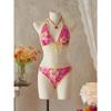 Elegant Floral Color Block Swimsuit Women Triangle Halter High-Waist Bikini Set Cover Up Skirt Micro Bikini Three-Piece