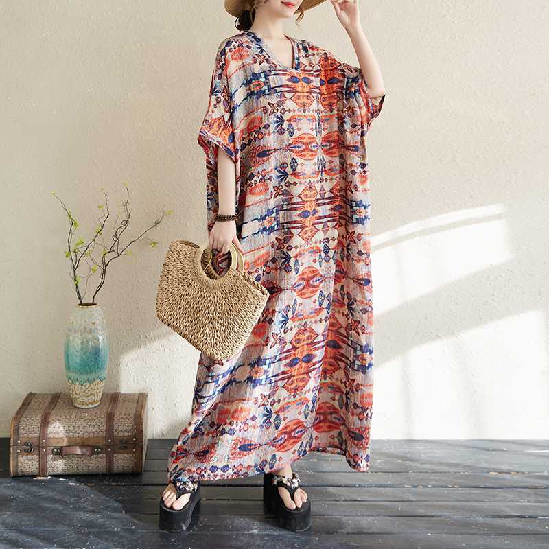 Summer Color Travel V-neck Retro Long Skirt Cotton Linen Dress